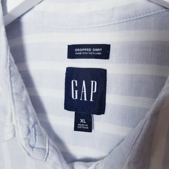 GAP 100% Linen Cropped Shirt Light Blue & White - Size XL - Picture 7 of 8